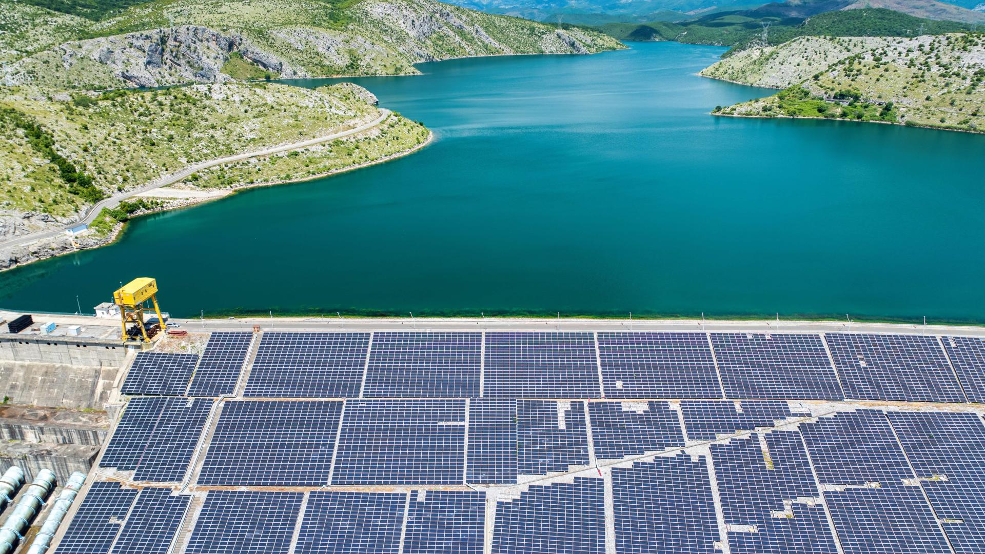 The Vau i Dejes hydropower dam covered with solar panels in northern Albania.