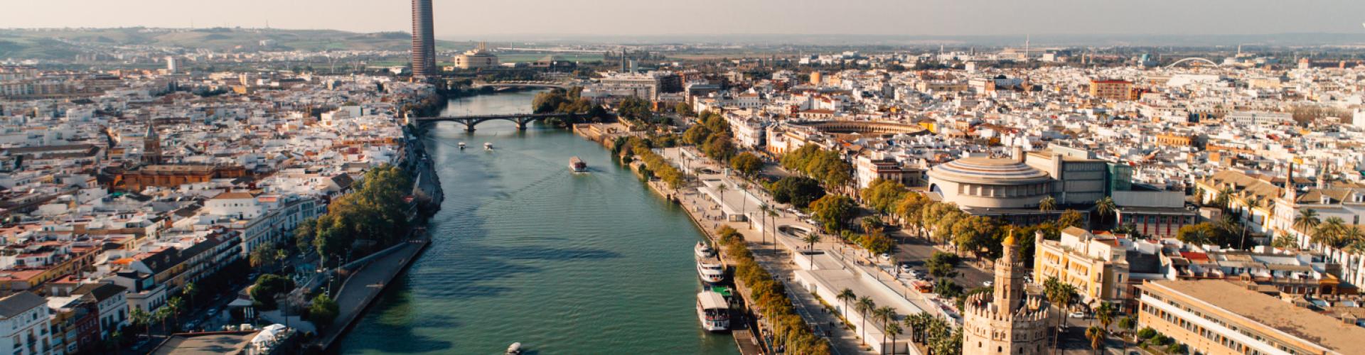 Aerial view of Guadalkivir river in Sevilla, Andalucia, Spain