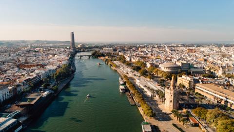 Aerial view of Guadalkivir river in Sevilla, Andalucia, Spain